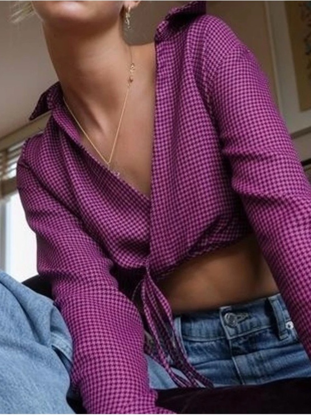 Zara Purple Houndstooth Tie-Front Crop Shirt, Size XL